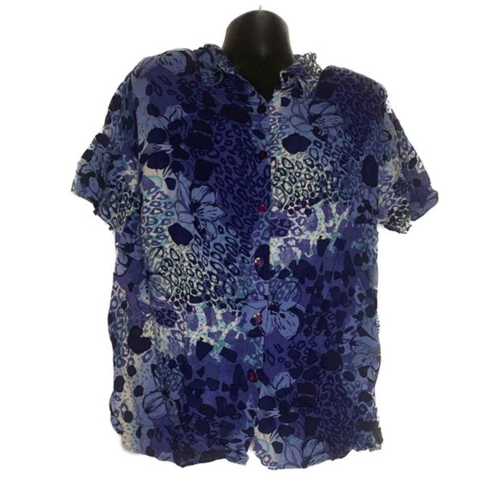 db Line Leopard & Floral Print Button Up Shirt (Size: 1X, Color: Blue/White)